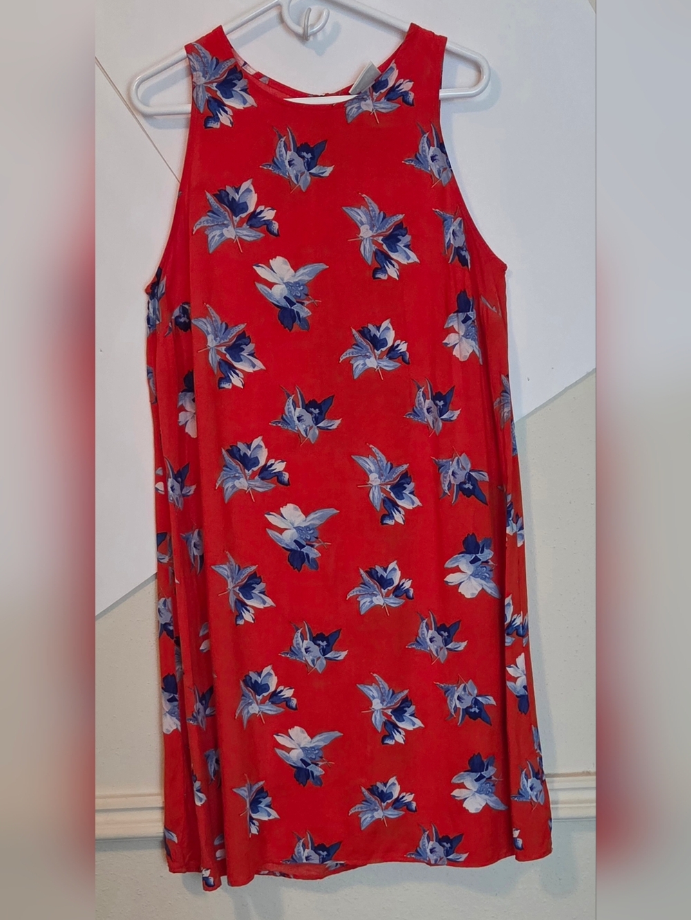 Orange Sleeveless Floral Swing Dress with Blue & White Blooms (Sz. XL)